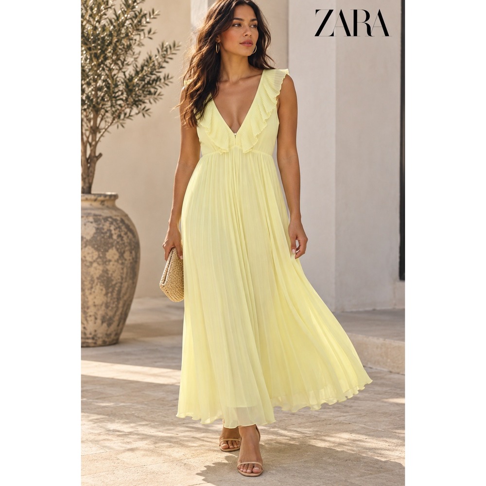 Zara Yellow Pleated Ruffle Maxi Dress Medium Romantic Wedding Guest